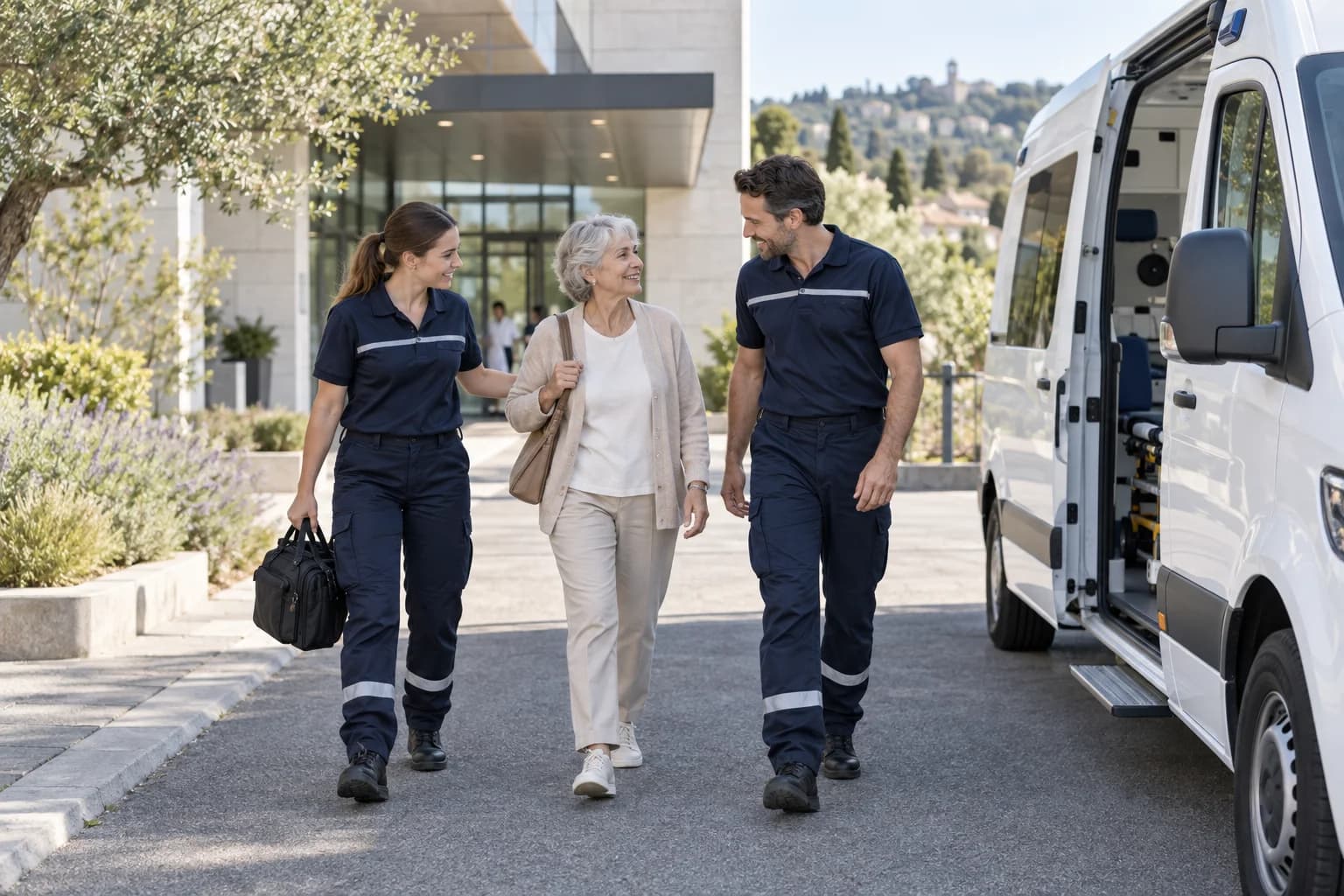 Des ambulanciers accueillent un patient près de leur véhicule